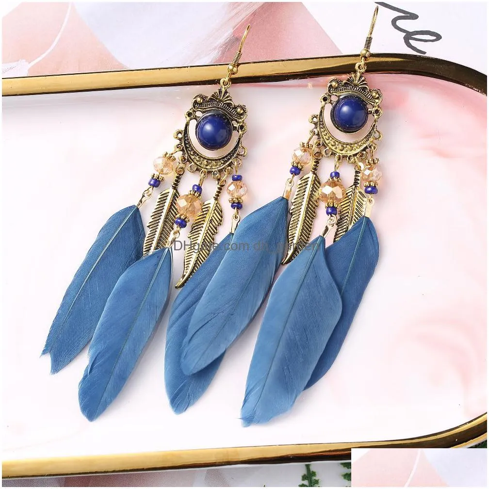 summer bohemian long feather dangle earrings for women beach chain tassel drop earring wedding bride jewelry oorbellen hangers