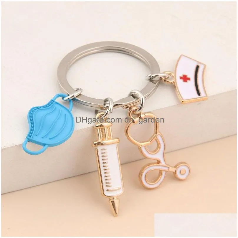 new doctor keychain medical tool key ring injection syringe stethoscope nurse cap keychains medico gift diy jewelry handmade