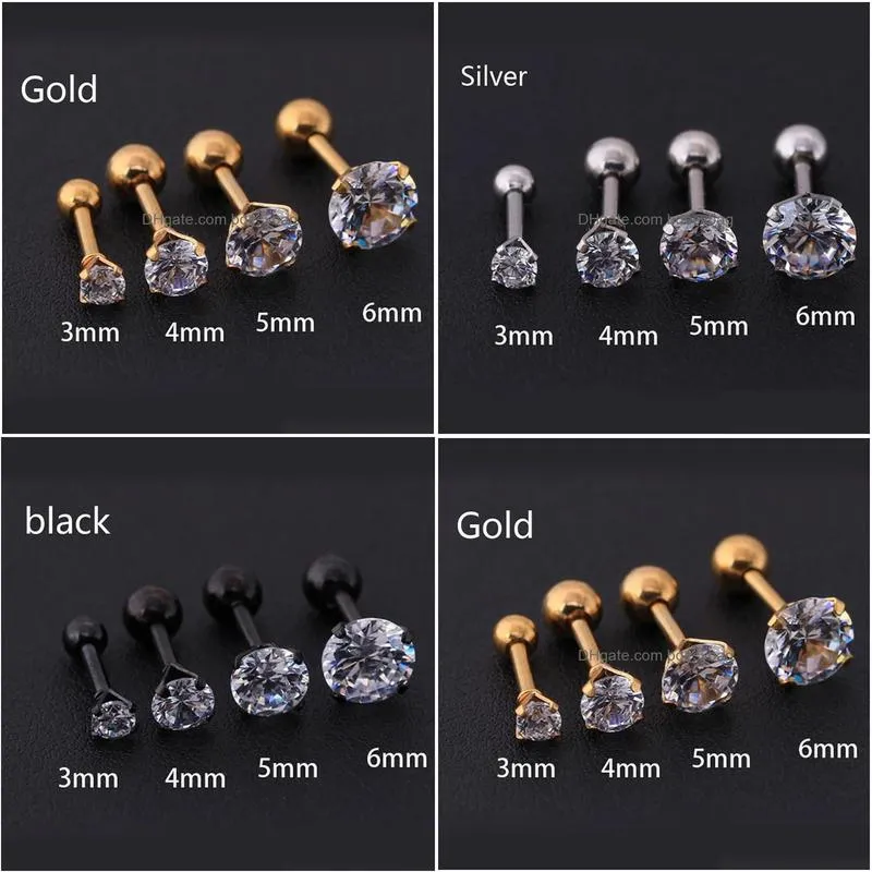 4 colors punk stud earrings medical stainless steel needle zircon crystal jewelry gift for men women