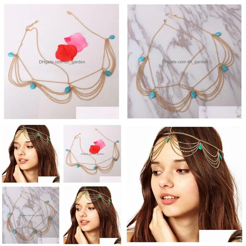 ethnic boho weddings bride hairpin accessories for women gold tassels charm hairbands green turquoises head chains jewelry