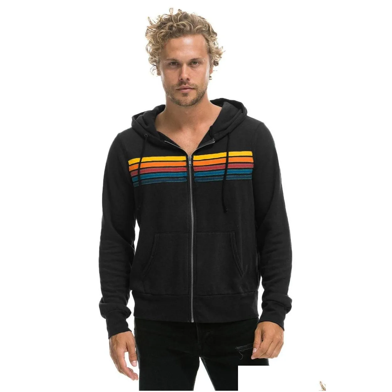 men039s hoodies sweatshirts rainbow stripe long sleeve sweatshirt zipper pocket coat spring autumn casual fashion jacket9474037