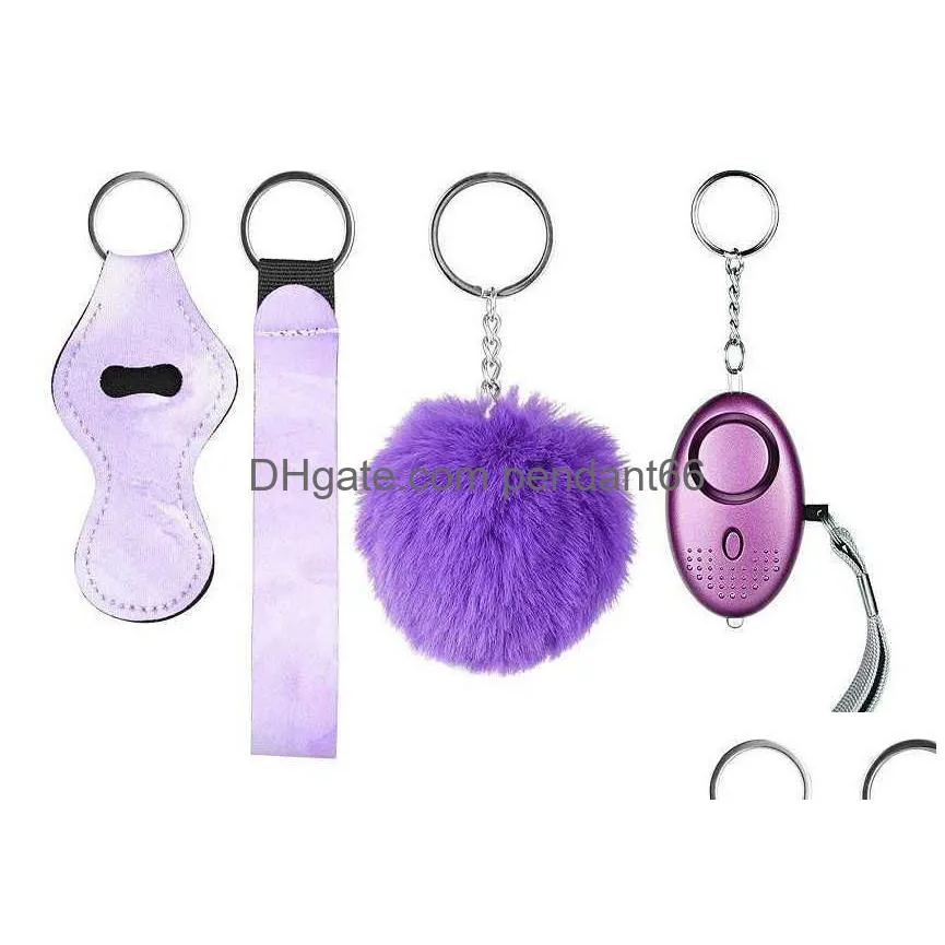 4 piece t fashion defense keychains set pompom alarm keychain lipstick holder and wristband for woman men selfdefense keyring
