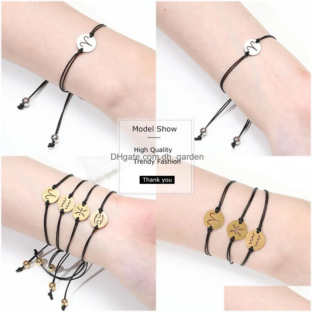 12 zodiac lucky wax rope bracelet stainless steel adjustable constellation pendant woven bracelets for men women girls