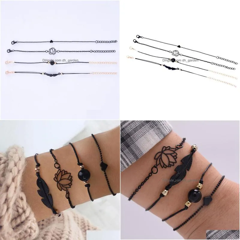 2021 new fashion 4pcs gothic black feather lotus bracelets set heart charm boho bangles for women wrist chain bracelet