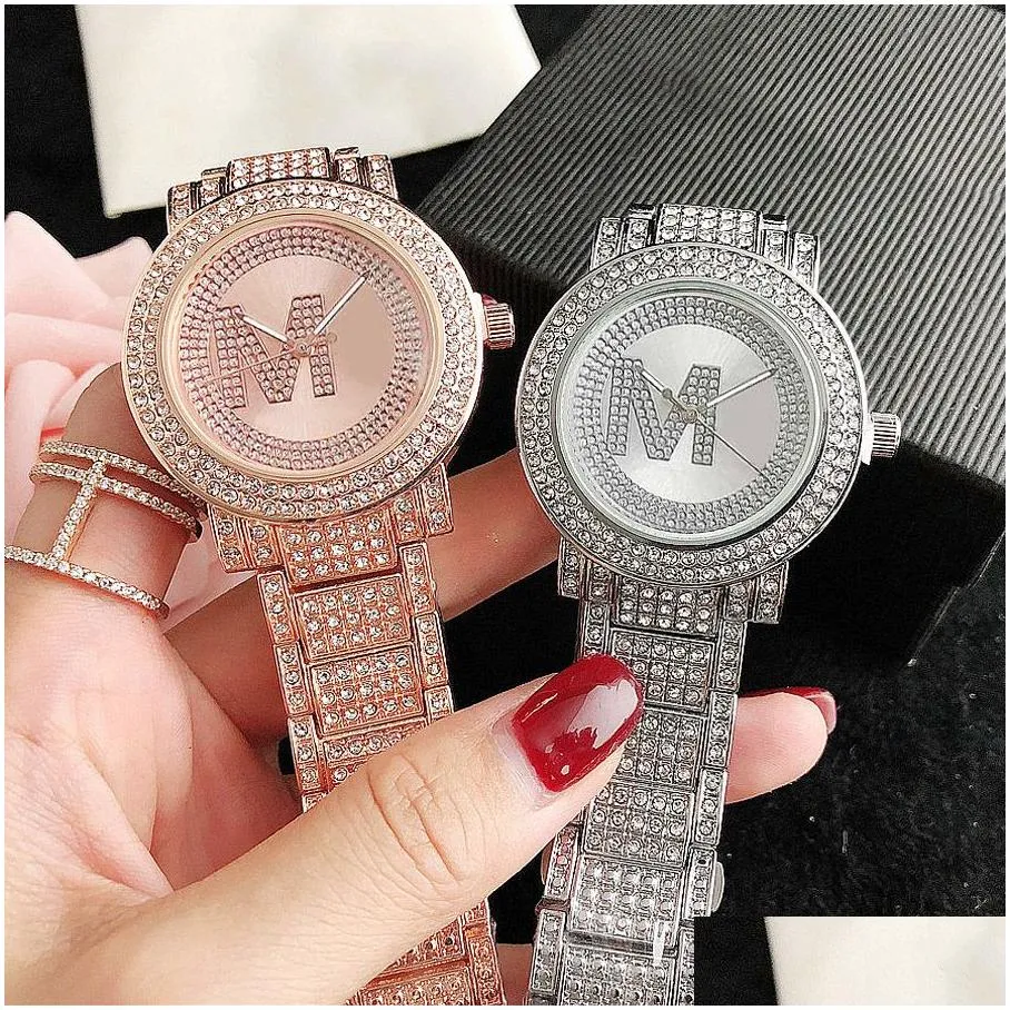 brand watches women girl diamond crystal big letters style metal steel band quartz wrist watch m126