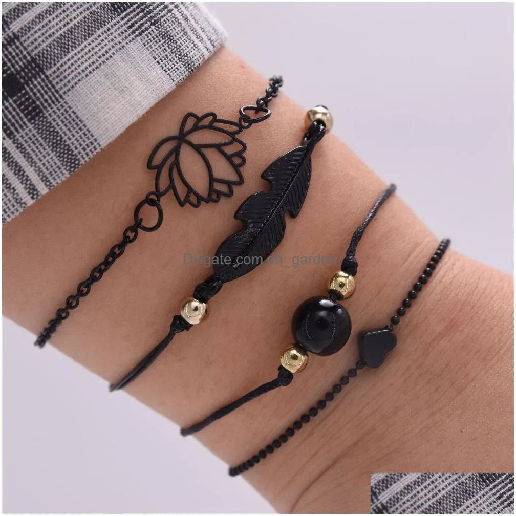 2021 new fashion 4pcs gothic black feather lotus bracelets set heart charm boho bangles for women wrist chain bracelet