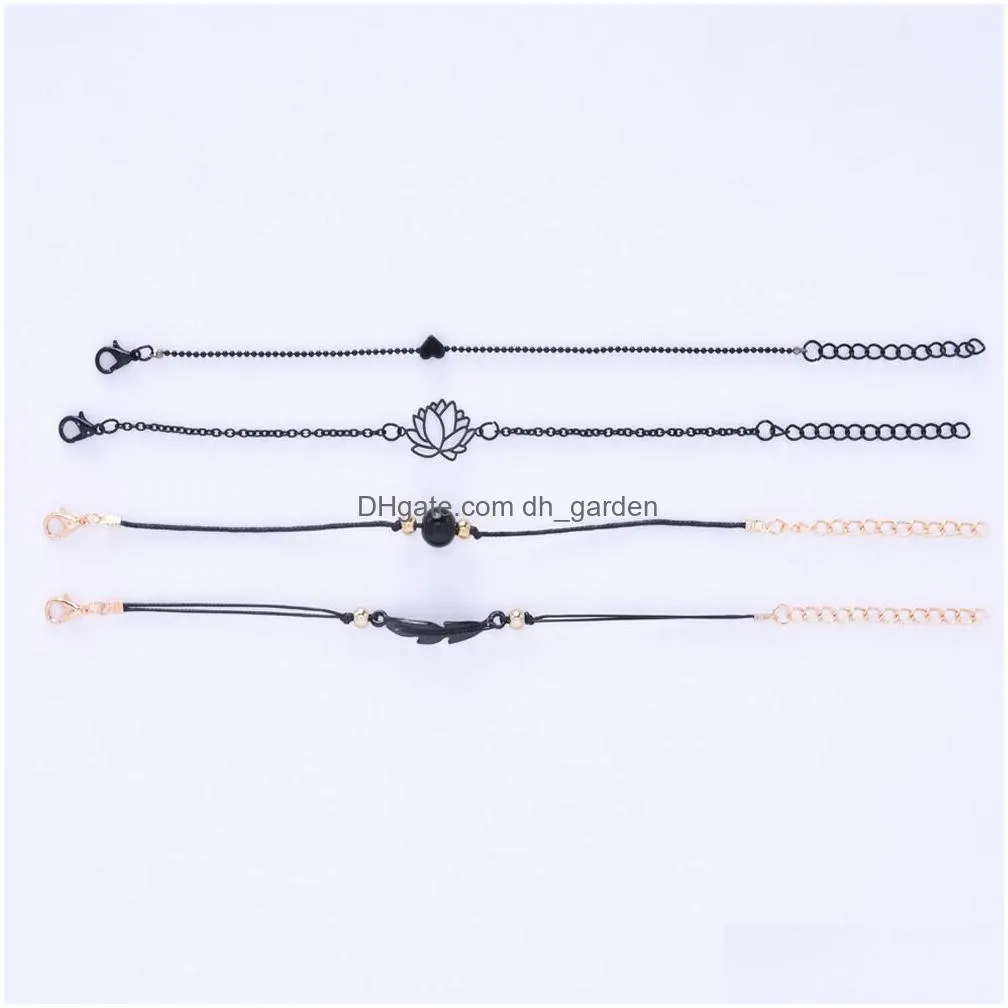 2021 new fashion 4pcs gothic black feather lotus bracelets set heart charm boho bangles for women wrist chain bracelet