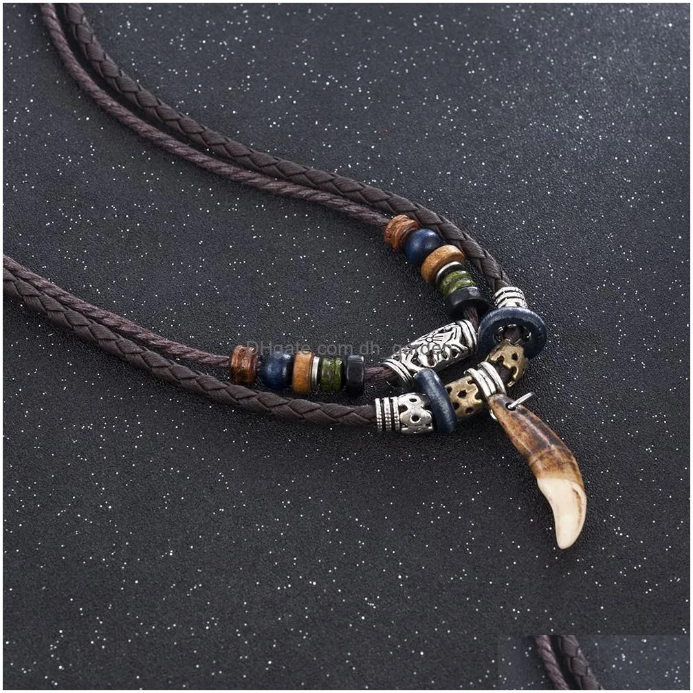 1pc mens bohemia tooth pendant leather beaded weaved necklaces christmas gift jewelry statement necklace