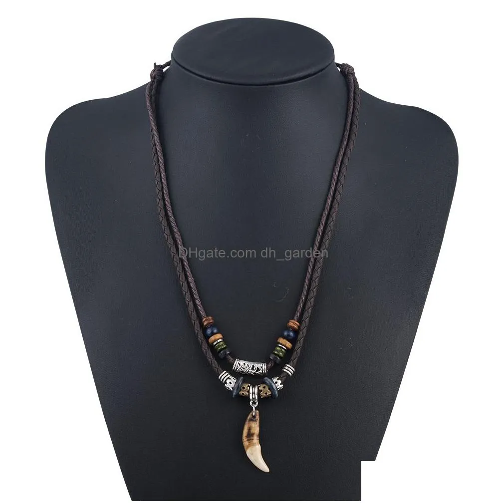 1pc mens bohemia tooth pendant leather beaded weaved necklaces christmas gift jewelry statement necklace