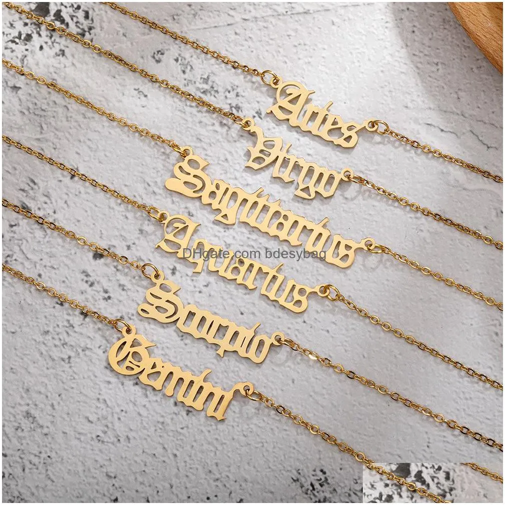 wholesale 12pcs zodiac necklace women men constellation jewelry birthday gifts stainless steel letter necklaces pendants