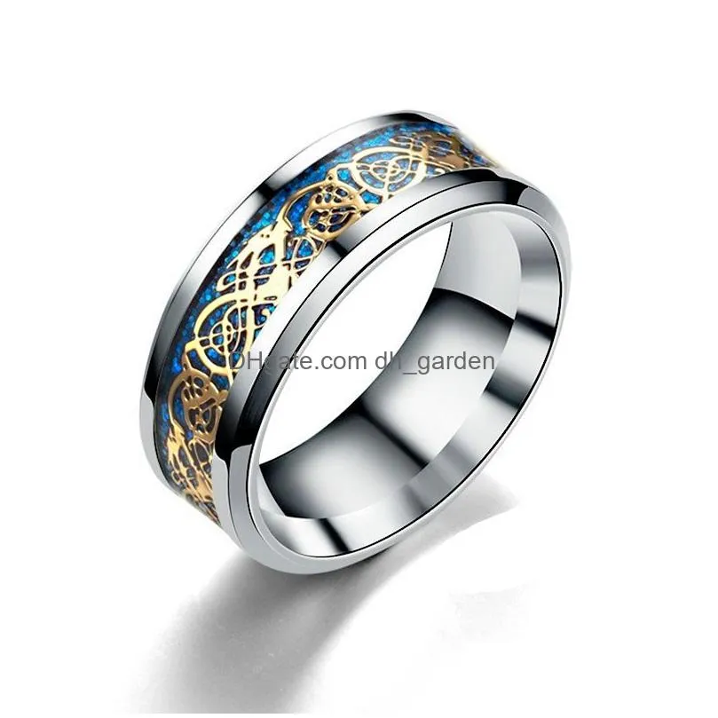 punk dragon pattern band rings for men inlay comfort fit stainless steel wedding ring wide 8mm
