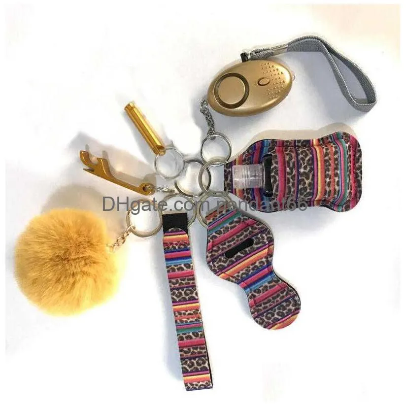 1set/8pcs fashion self defense keychains set pompom alarm keychain lipstick holder and wristband for woman men selfdefense keyring