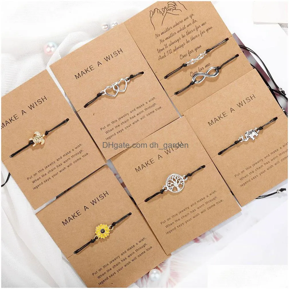 make a wish paper card adjustable bracelet turtle elephant tree map flower handmade woven bracelets simple fashion women jewelry gifts