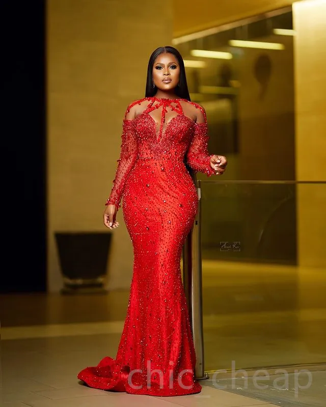 2023 May Aso Ebi Mermaid Red Prom Dress Beaded Crystals Sexy Evening Formal Party Second Reception Birthday Engagement Gowns Dress Robe De Soiree ZJ268