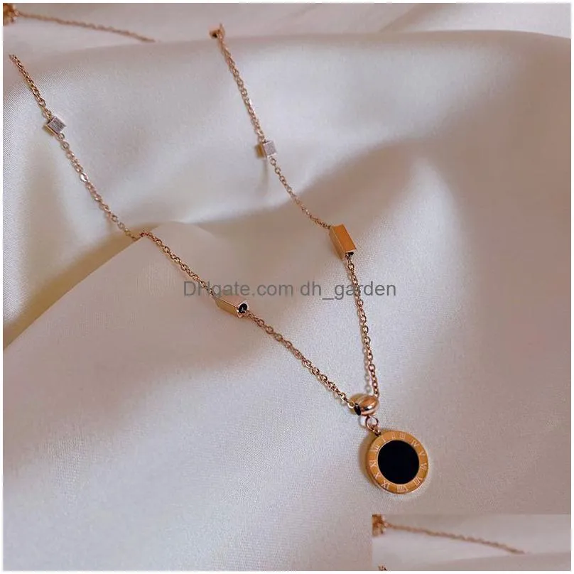 rose gold titanium steel necklace female double side roman numeral black and white disc pendant not fade short allmatch style clavicle