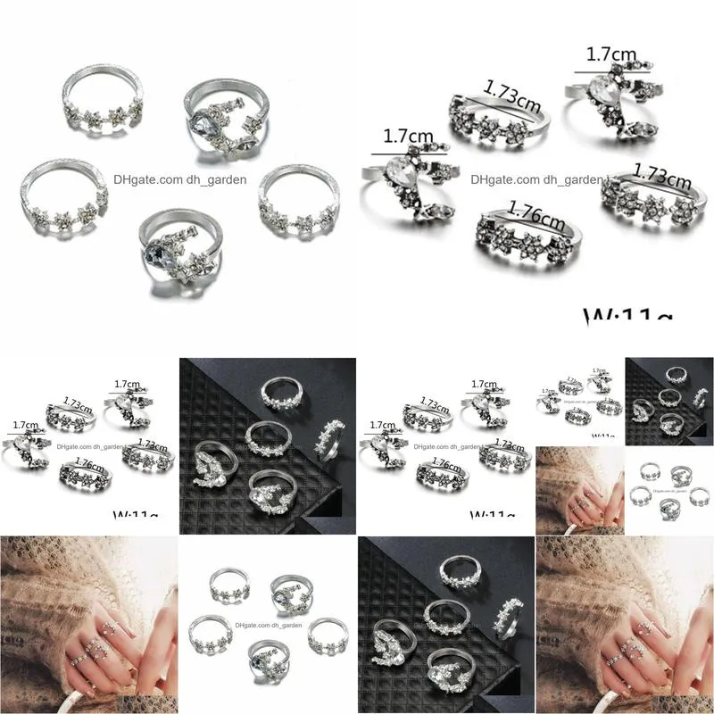 5pcs set bohemian vintage white gem moon stars geometric crystal ring women charm joint rings party wedding jewelry gift