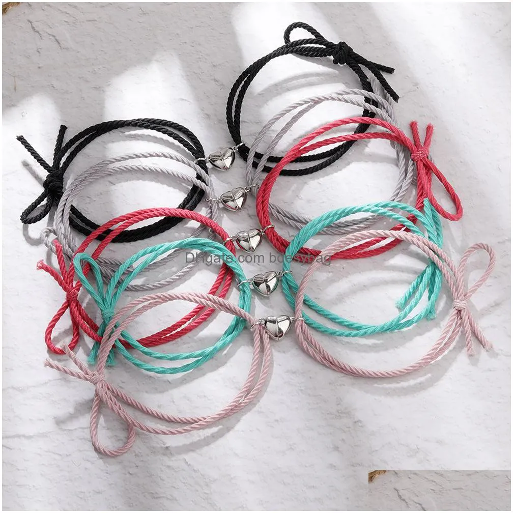 couple magnetic distance bracelet adjustable lucky rope elastic rubber band braided heart charms bracelets lovers jewelry gifts