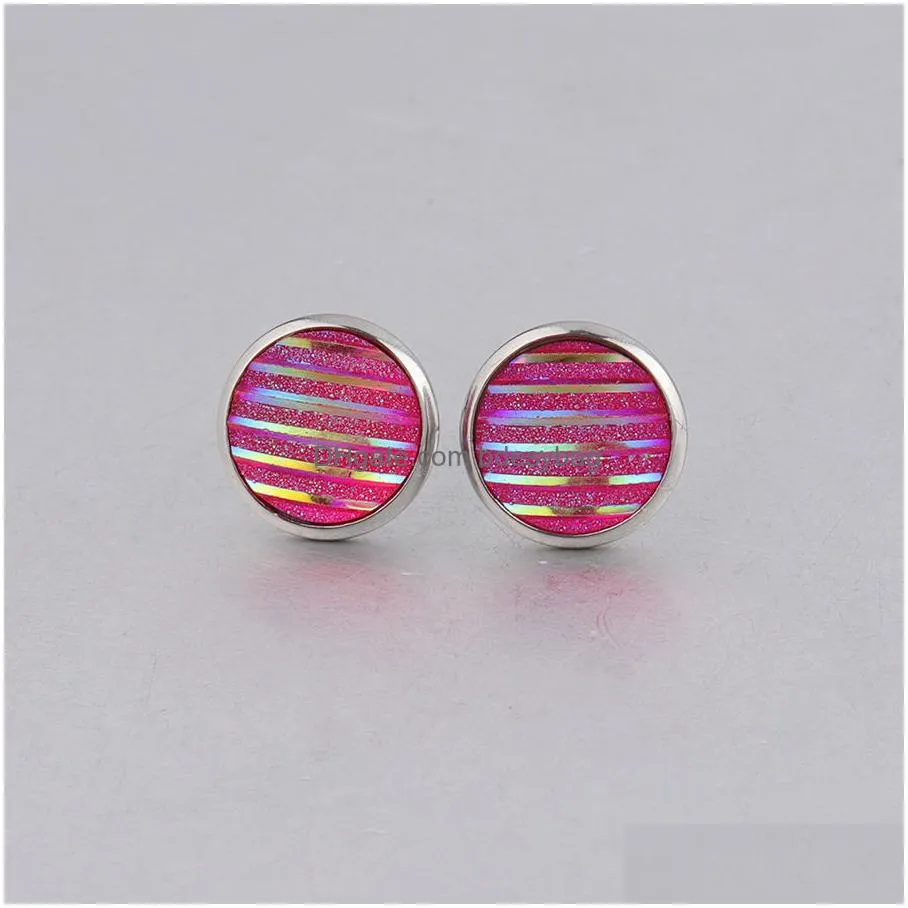 12mm striped druzy drusy stainless steel stud earrings glittery bright gypsophila resin cabochon earring for women jewelry gift