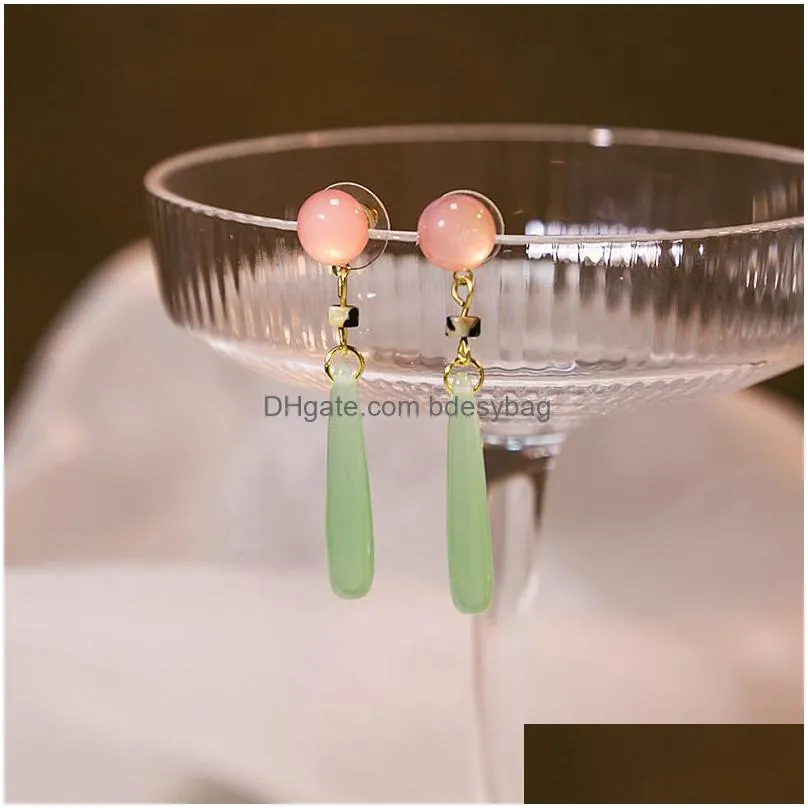 womens glass jade beads pendant dangle earrings water drop natural chalcedony national style ear jewelry female