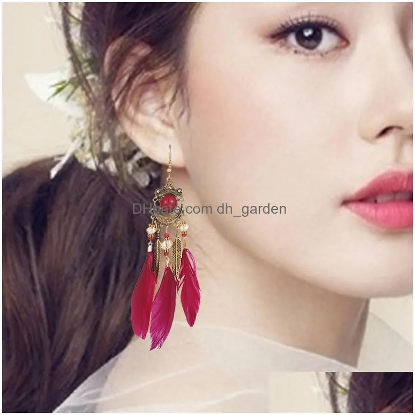 summer bohemian long feather dangle earrings for women beach chain tassel drop earring wedding bride jewelry oorbellen hangers