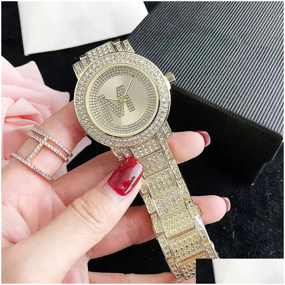 brand watches women girl diamond crystal big letters style metal steel band quartz wrist watch m126