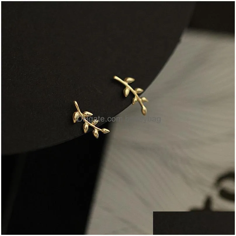silver european style gold stud earrings for women simple olive branch leaf earring sweet cute student jewelry