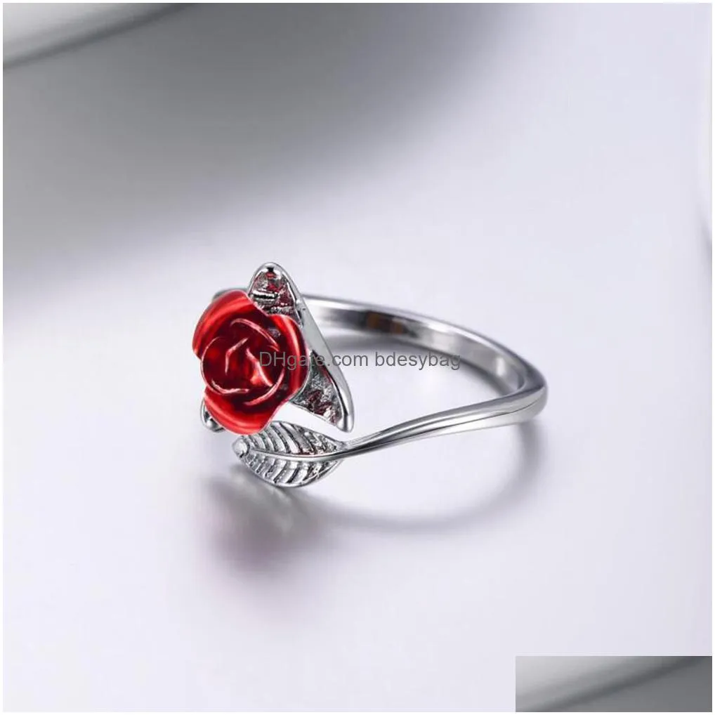 trendy red rose garden flower leaves open ring resizable finger rings for women valentines day gift jewelry