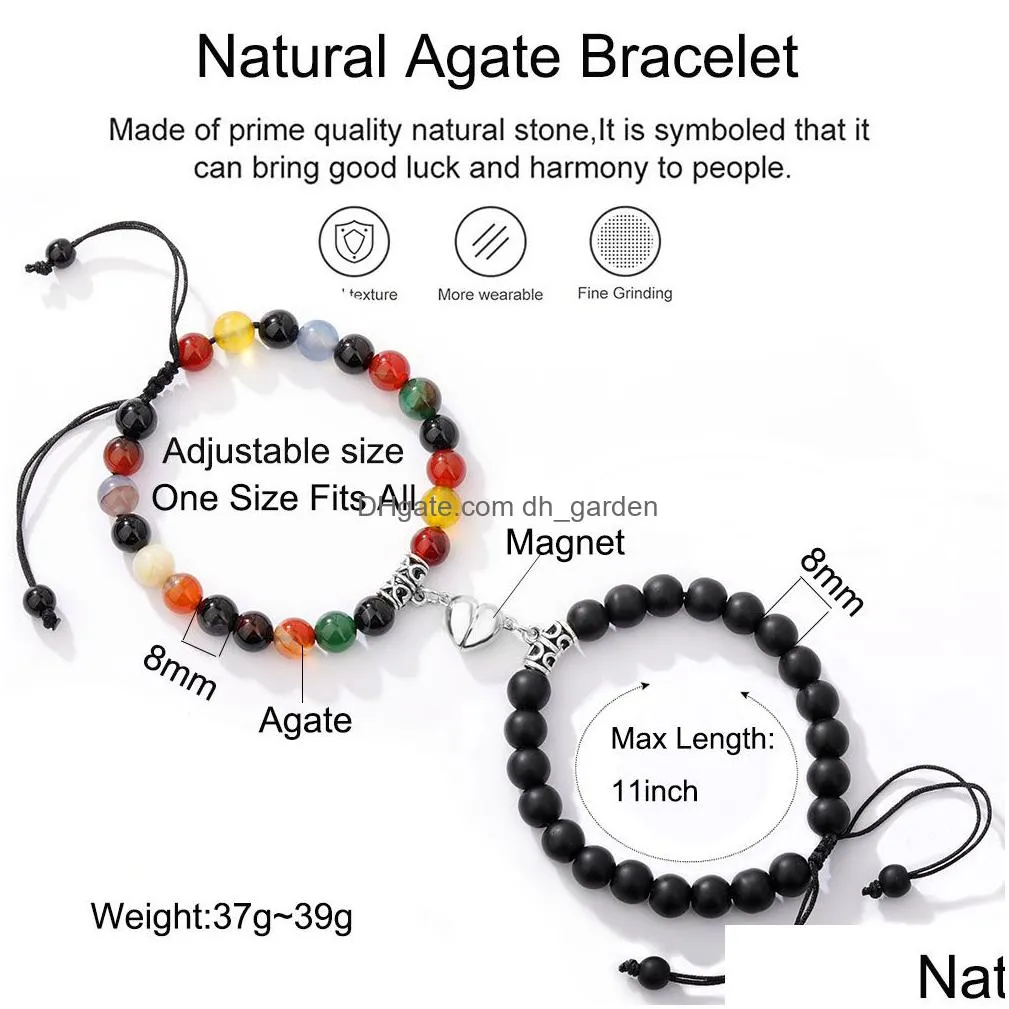 2pcs creative magnet attract couple charm strand bracelets good friend lover 8mm natural stone beads handmade braided rope woven bracelet for