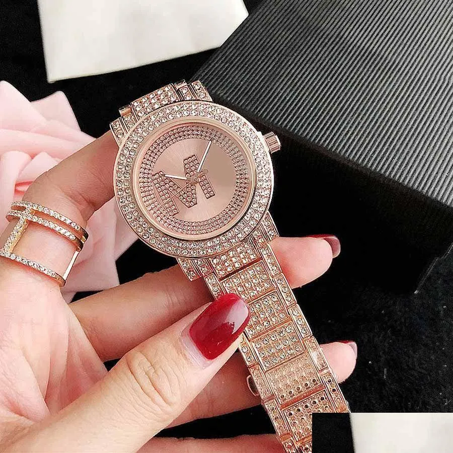 brand watches women girl diamond crystal big letters style metal steel band quartz wrist watch m126