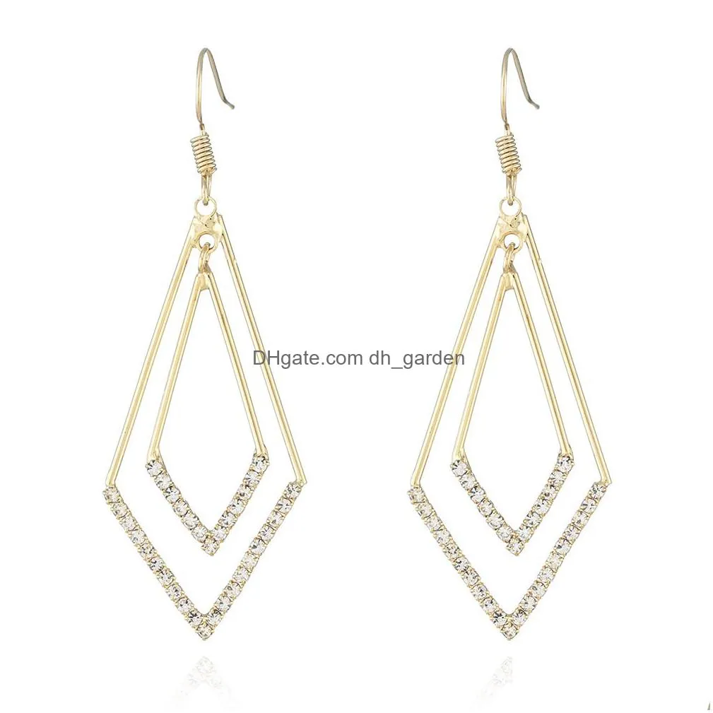 layered paved cz crystal open rhombus dangle earrings for women trendy gold filigree geometric double kite arrow drop earrings