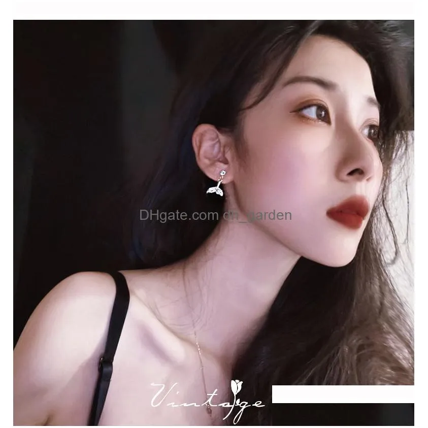 2021 new arrival trendy korean double crystal fishtail dangle earrings for women fashion geometric gold color metal party