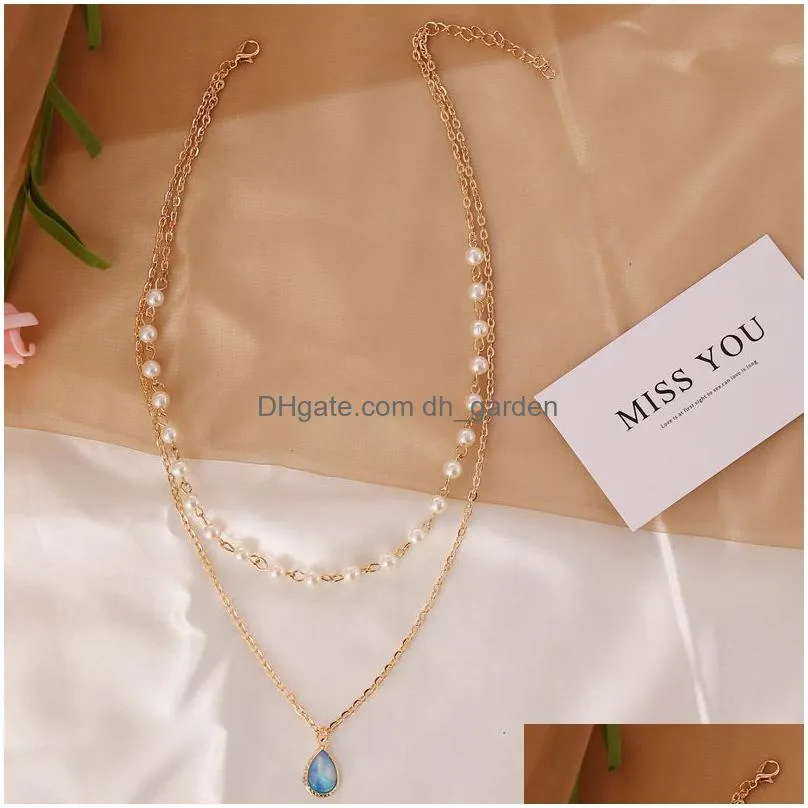 elegant imitation pearl water drop semiprecious stone pendant necklace women vintage geometric clavicle necklaces jewelry gift