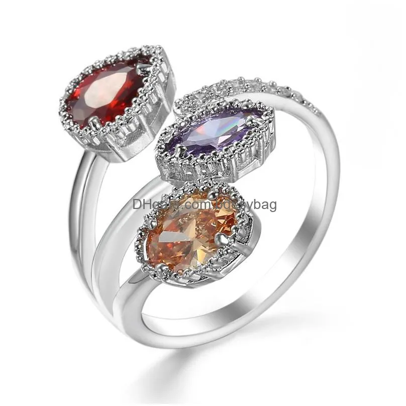 koreas new design ring fashion jewelry luxury copper inlaid large zircon shiny female index finger rings opening can be adjusted