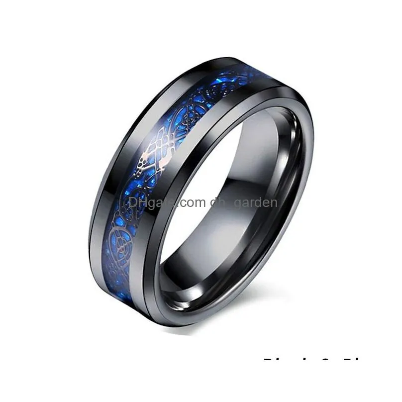 punk dragon pattern band rings for men inlay comfort fit stainless steel wedding ring wide 8mm