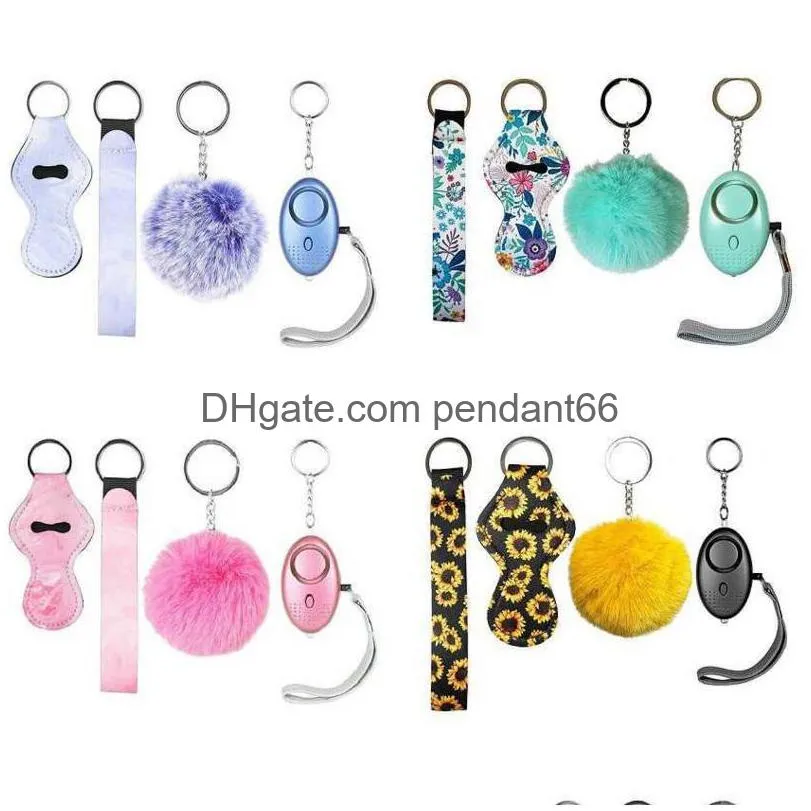4 piece t fashion defense keychains set pompom alarm keychain lipstick holder and wristband for woman men selfdefense keyring