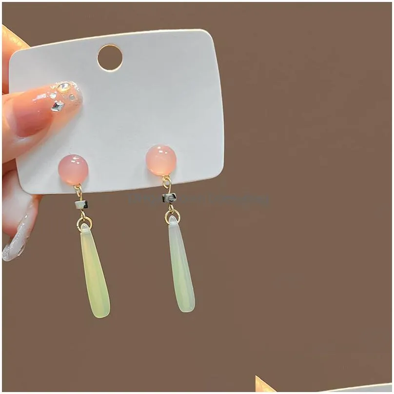 womens glass jade beads pendant dangle earrings water drop natural chalcedony national style ear jewelry female