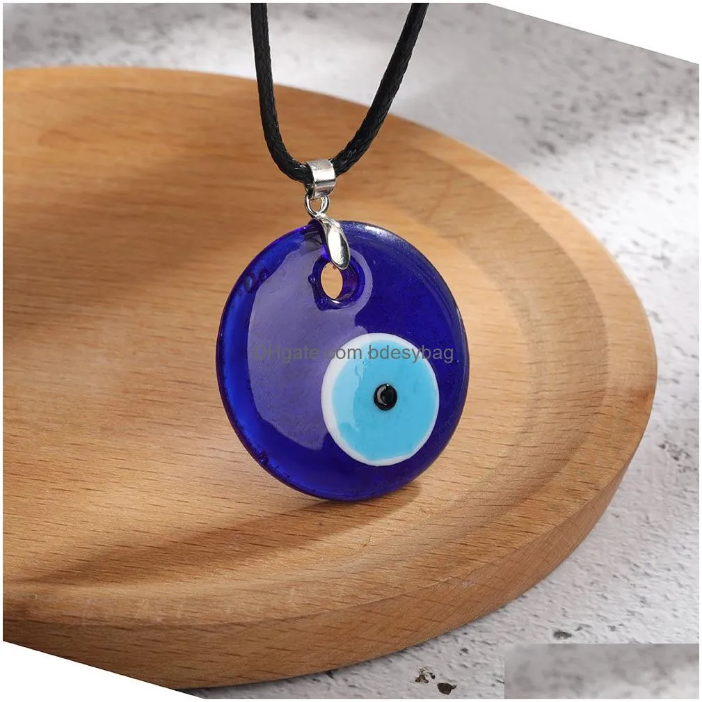 antique deep sea blue evil eye pendant necklace turkish choker glass eyes leather rope chain jewelry gift