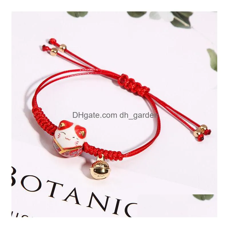 ceramic lucky cat bell bracelet female student girlfriends handwoven red colors rope bangle