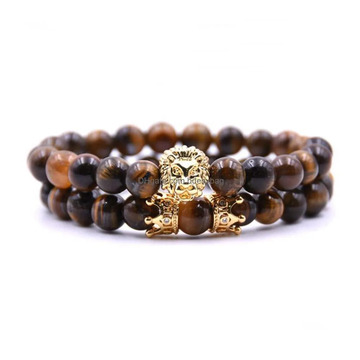 2 pcs/set animal king  head tiger eye bracelet black natural stone crown couple braclet sets for men hand jewelry accessories