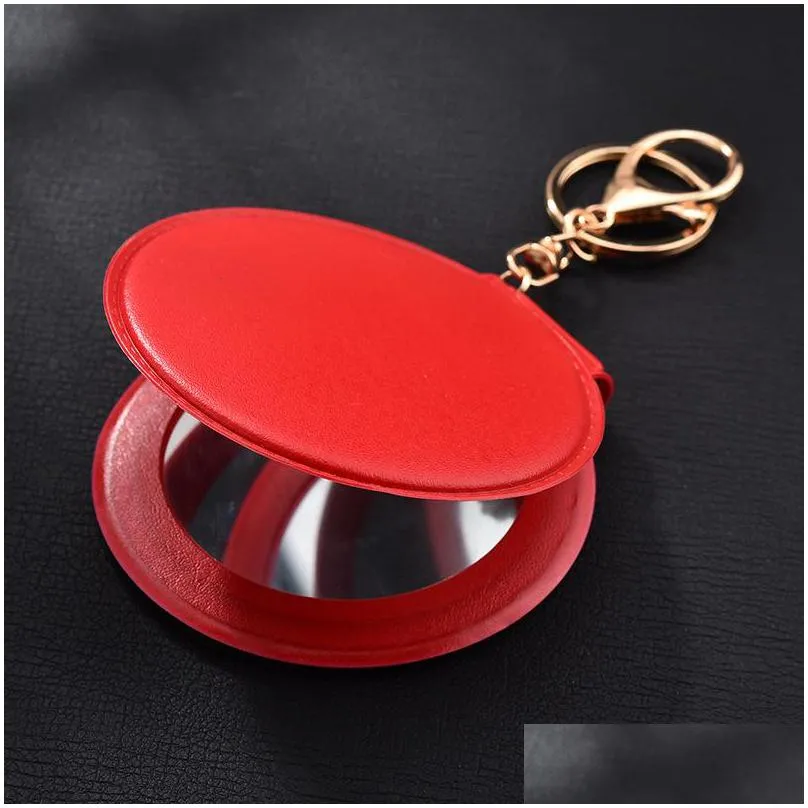 pu leather car key rings doublesided folding round makeup keyrings holder women bag pendant portable fashion keychains charms 1163 b3