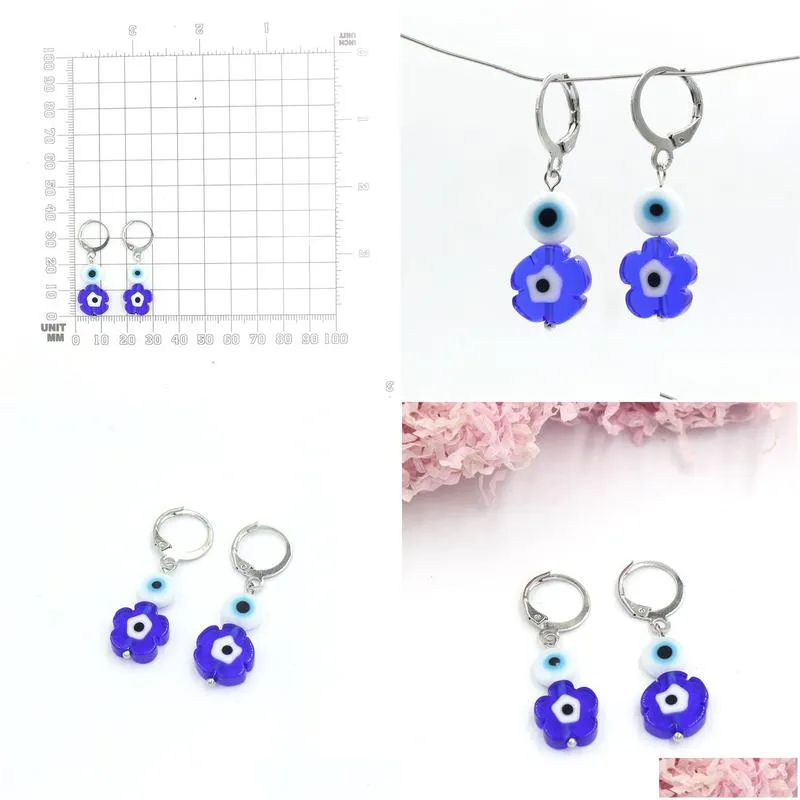 wholesale hoop ear with lampwork murano glass round flower blue evil eyes earrings for women party birthday gift lucky jewelry