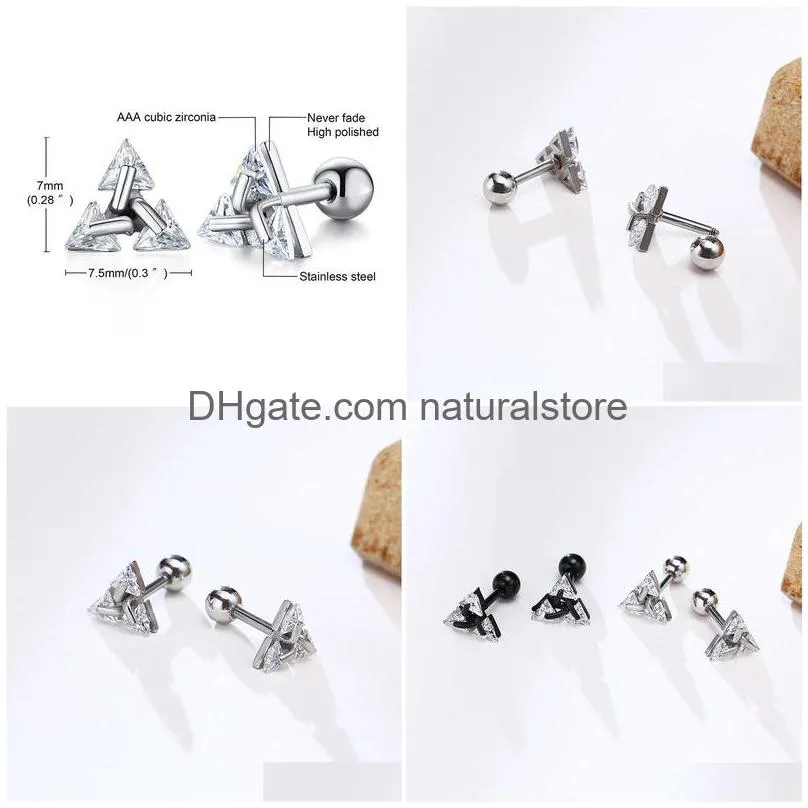 men stud earring charm triangle pierced crystal zircon stud earrings stainless steel tiny minimalist studs for mens women jewelry