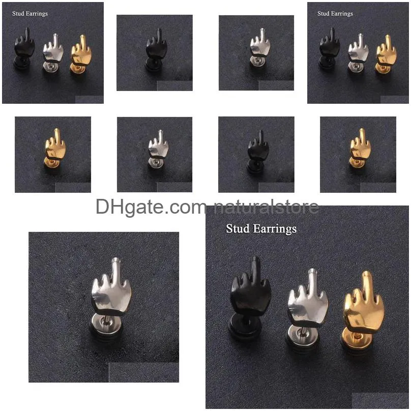 charm 2pcs middle finger shape men earrings summer style pierced stainless steel jewelry stud earring for men em0111