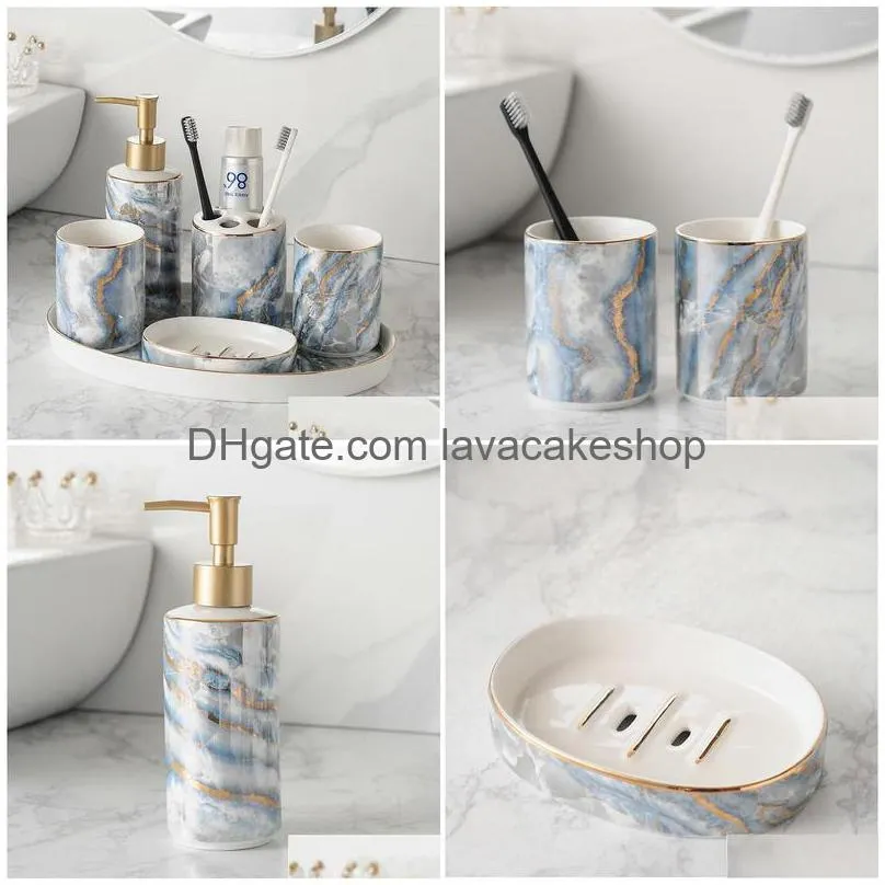 bath accessory set six piece gilt blue ceramic toothbrush holder soap box toothpaste dispenser lotion bottle bathroom decorative