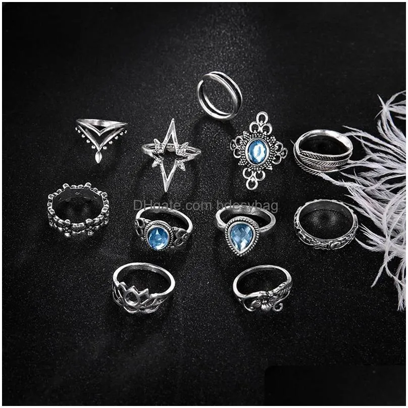 knuckle ring set retro diamond carved starry gemstone 11 piece set boho can be superimposed ring female silver