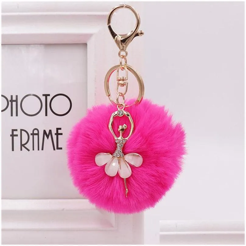 8cm women pompom plush key ring pom pom dancing angel keyring fluffy rex rabbit fur ball keychain handbag pendant charm 199 r2