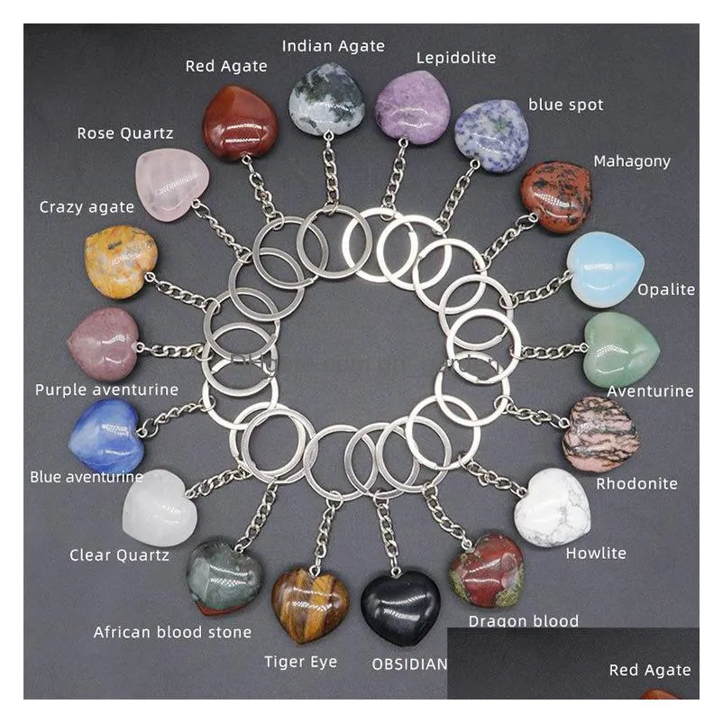 lots stone key rings 30mm love heart charms healing crystal agate keyrings for women men