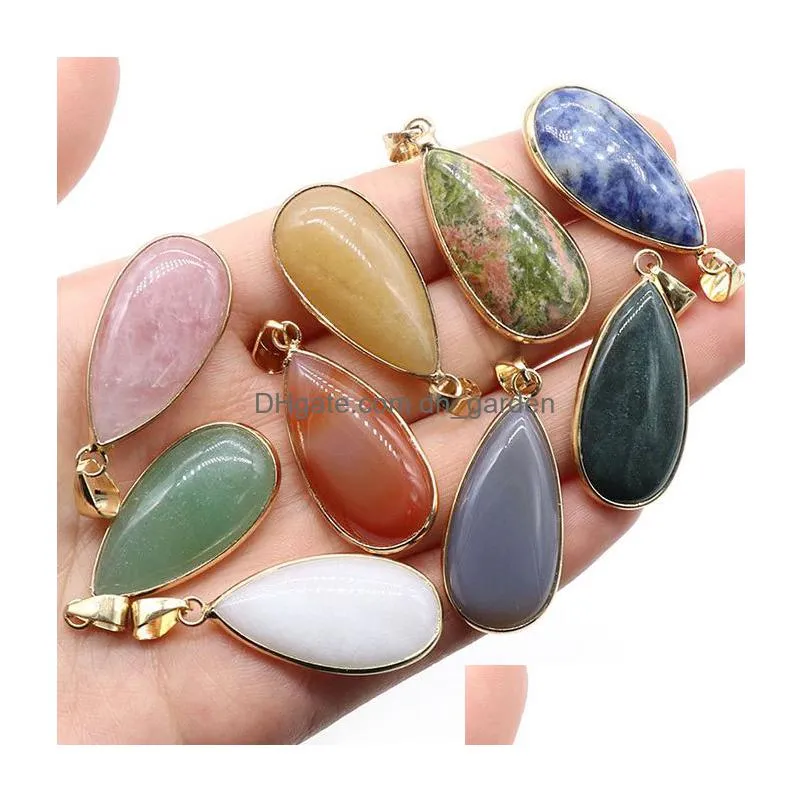 natural agate crystal semiprecious stone charms waterdrop agate gold border edge egg pendant for jewelry making