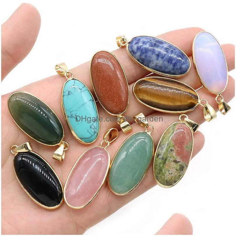 natural agate crystal semiprecious stone charms agate gold border edge egg pendant for jewelry making