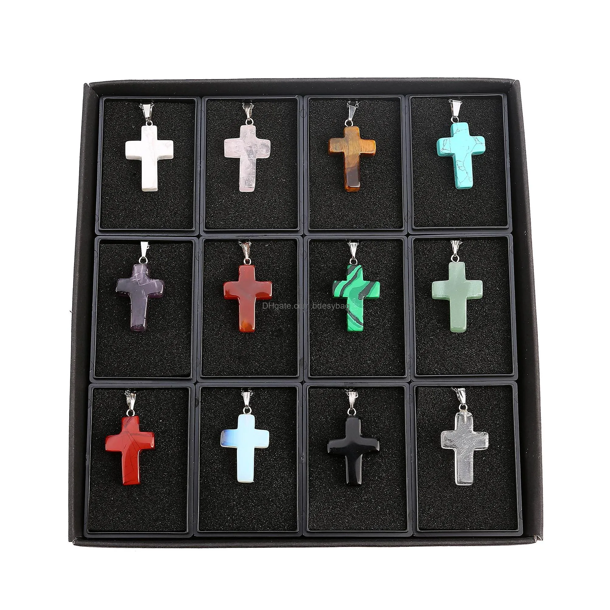 natural quartz crystal healing gemstone cross pendant necklace leather rope pendulum pendants lucky jewelry